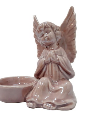 Vintage ceramic angel with holy water bowl, pink gloss, like new
