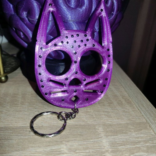 Handmade 3D Printed Cat Keychain with Rhinestones and Resin Coating like New, Purple