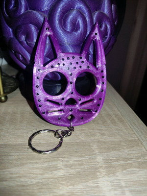 Handmade 3D Printed Cat Keychain with Rhinestones and Resin Coating like New, Purple