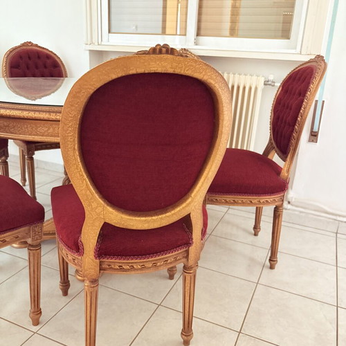 Vintage dining set round table with 6 velvet chairs Louis style like new