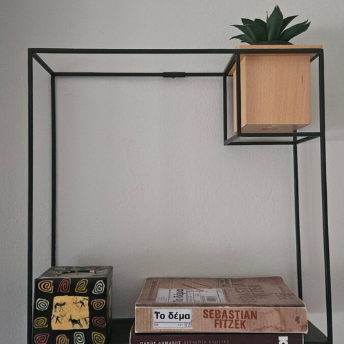 Cubist wall shelf used, black with wooden cup