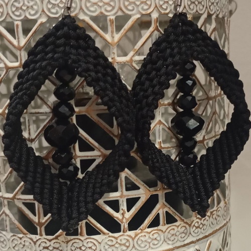 Macrame earrings new, black handmade with shiny beads