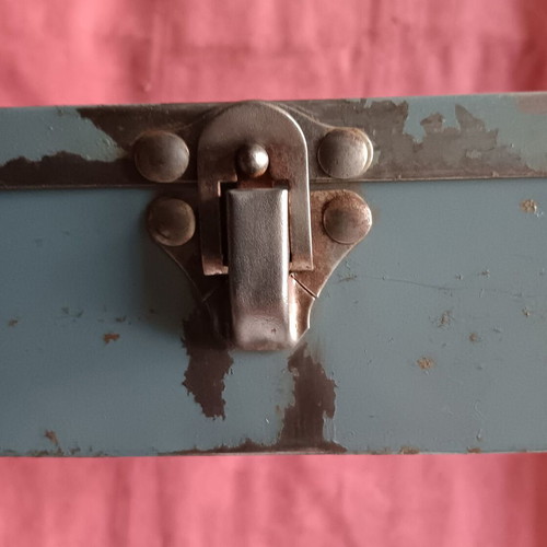 Collectible metal military box used, 15×16 cm with safety latch