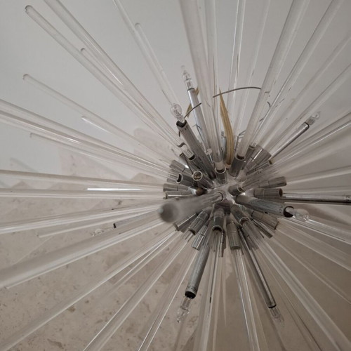 Sputnik style pendant lamp used, metal and glass chandelier