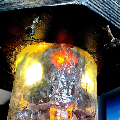Ceiling light with wild boar skull and wood base made to order