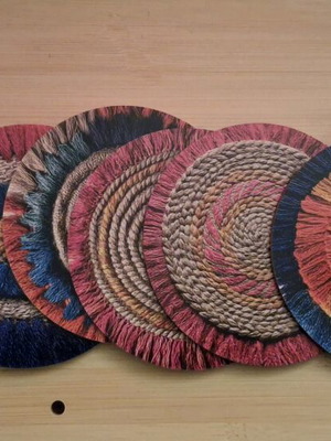 Set of 6 wooden coasters with ethnic/boho designs new