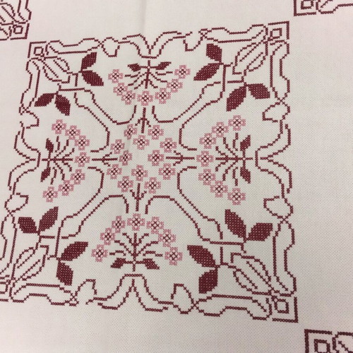 Embroidered tablecloth in white etimina with burgundy and pink shades, new