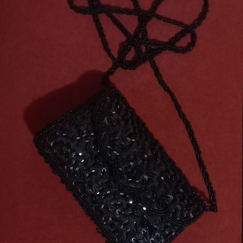 Beaded bag used, black, with long handle