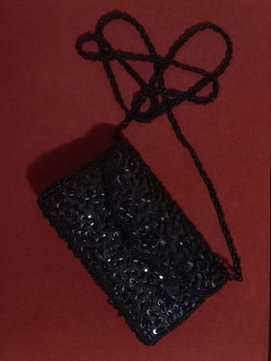 Beaded bag used, black, with long handle