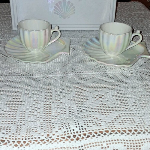 Coffee cup set new, 2 espresso cups with saucers, white pearl porcelain