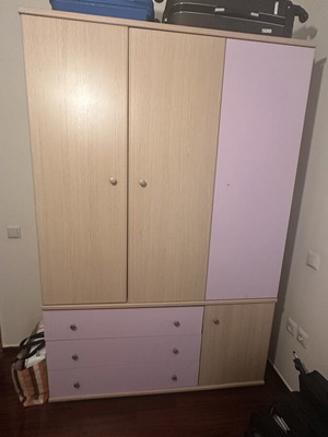 Three-Door Wardrobe with Drawers like new, Scandinavian Light Brown and Lilac