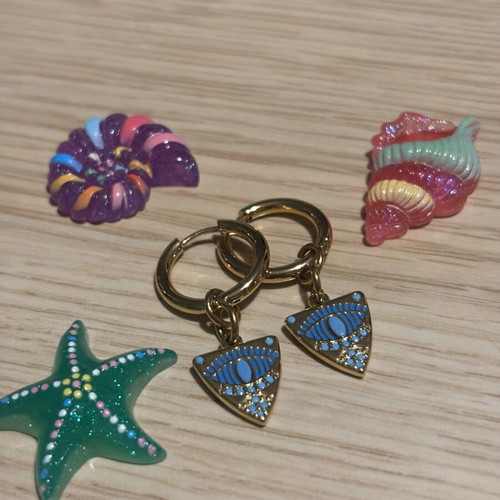 Hoop earrings with blue eye charm, like new, boho summer style