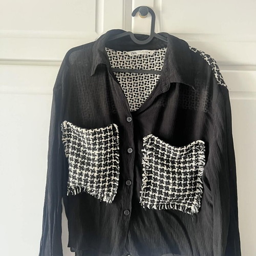 Zara black transparent shirt like new with tweed details, size L