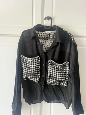 Zara black transparent shirt like new with tweed details, size L