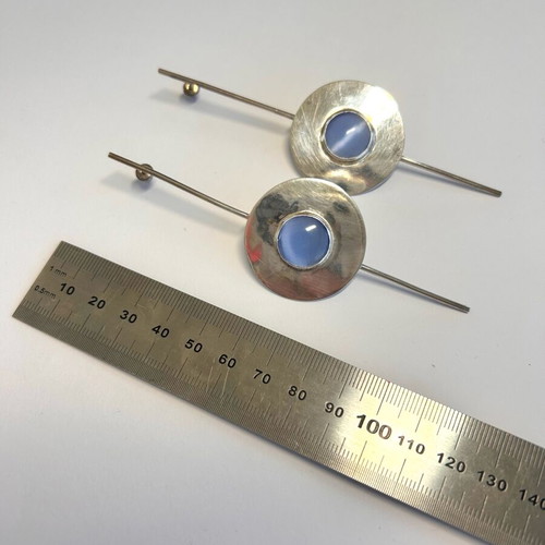 Handmade Georgian modernist earrings with blue cat’s eye stone used