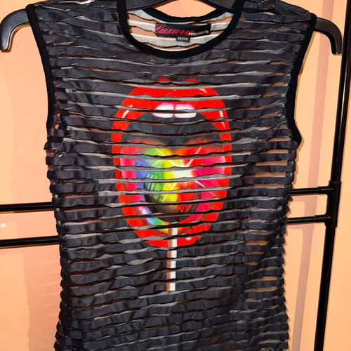 Transparent Black Top with Print new, size Medium