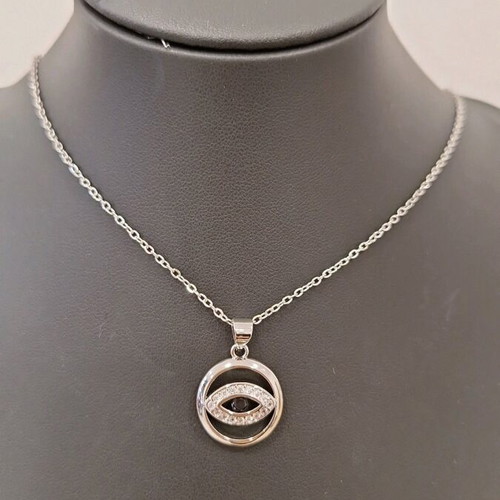 Stainless steel necklace chain with eye, blue crystal and zircon, new