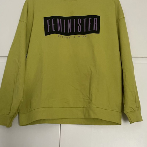 Pink Woman sweatshirt used, lime green with feminister print, size S