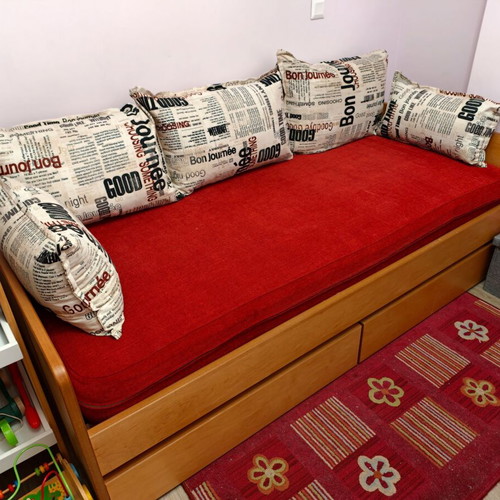 Custom solid beech wood sofa bed with storage drawers and cushions