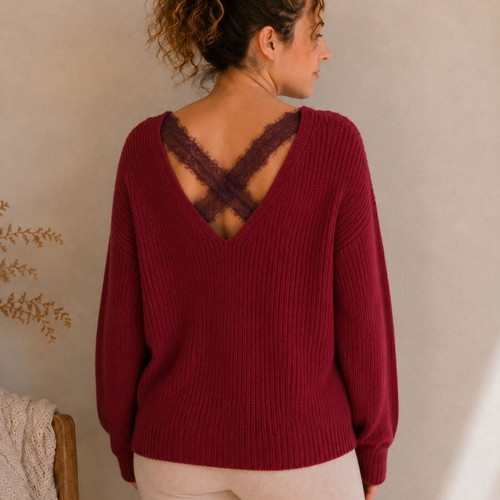 Shein sweater with black lace back, used, burgundy