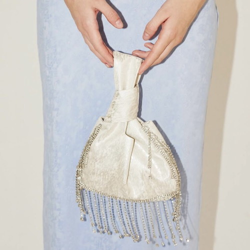 Eiko_ai Tins bag silver metallic mini handbag with crystal fringes