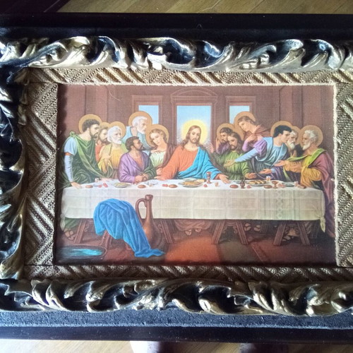 Sacred image on canvas with wooden frame "The Last Supper" like new