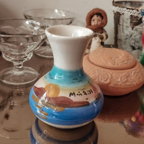 Small decorative ceramic vase with painted Milos landscape like new