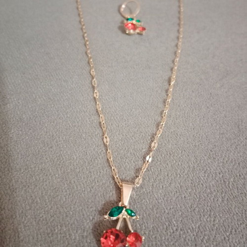 Cherry necklace and earrings set new, red and gold tone