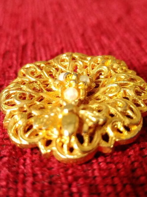Gold-plated brooch with pearls used, filigree style, art nouveau flower