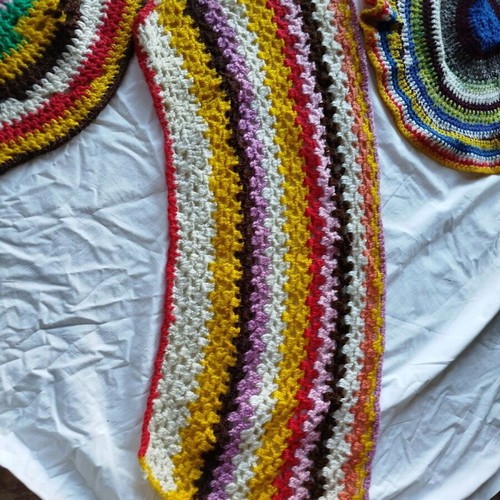 Crocheted table linens used, set of 6 colorful pieces
