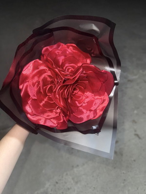 Handmade satin flower bouquet in red shades, new