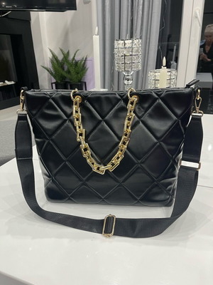 Women's large crossbody bag new, black quilted with gold chains