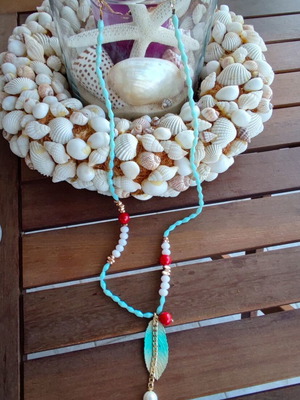 Turquoise Long Necklace with Leaf Pendant, Beads, Pearl & Gold Details like new
