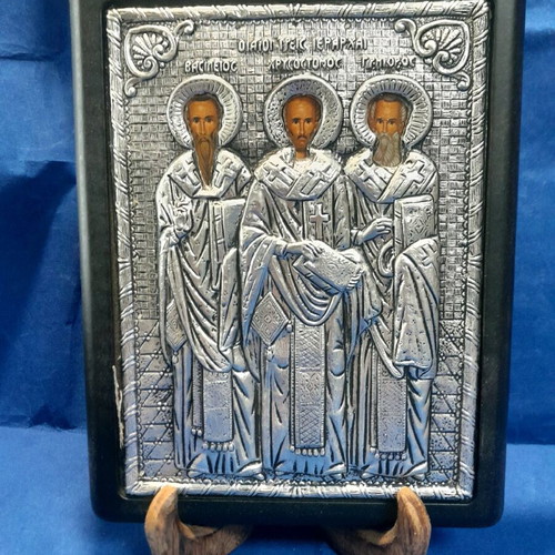 Metal icon The Three Hierarchs new on black background 23×18 cm