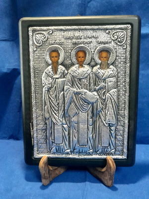Metal icon The Three Hierarchs new on black background 23×18 cm
