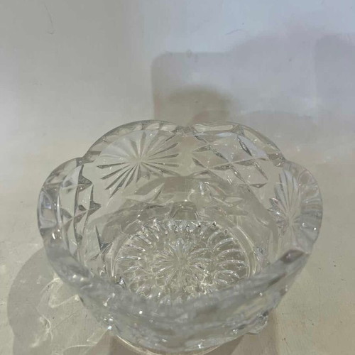 Vintage crystal fondue bowl with engraved designs used