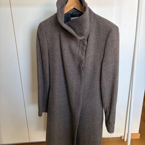 Depolo wool coat with leather belt used, herringbone pattern, size S