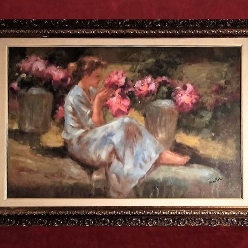 Paolini (Girl with Flowers) oil painting on canvas like new with frame