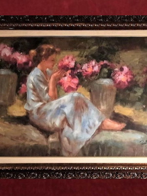 Paolini (Girl with Flowers) oil painting on canvas like new with frame