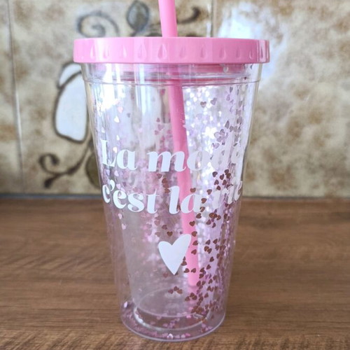 Plastic water bottle pink with designs and glitter, new