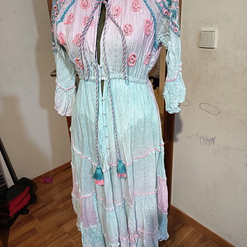 Indian summer dress, one size, cotton, pink and turquoise