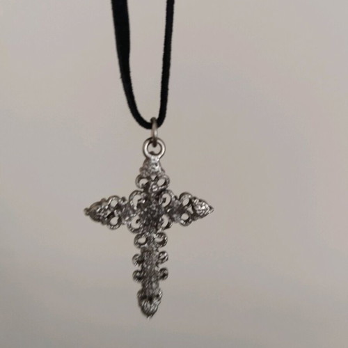 Carved vintage cross with rhinestones used and velvet strap
