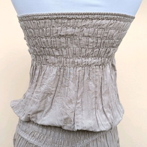 Strapless jumpsuit used, gray brown with bow and ruffles