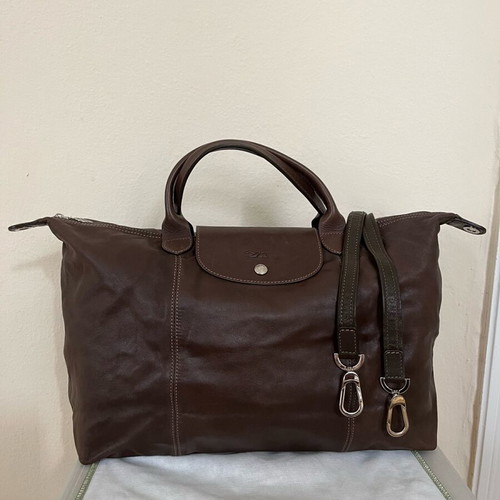 Longchamp Pliage leather travel bag size L like new, brown