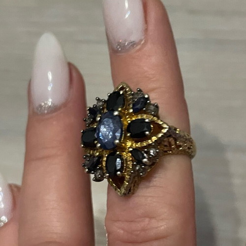 Gold ring 9k and silver 925 with sapphires and diamonds vintage used