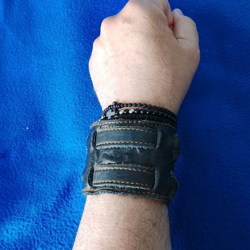 Leather men's bracelet used, brown, Raw double detail style