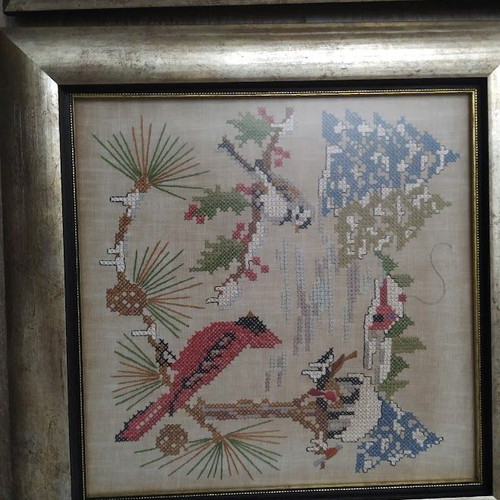 Set of 4 embroidered frames with the 4 seasons in wooden frame like new