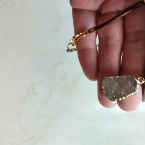 Drusy boho necklace with leather cord and natural stone charm, new