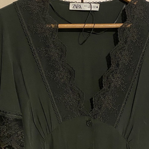 Zara long green dress with black lace new