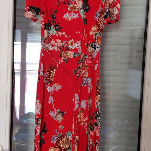 Women's red floral dress, asymmetric hem, with belt, size S